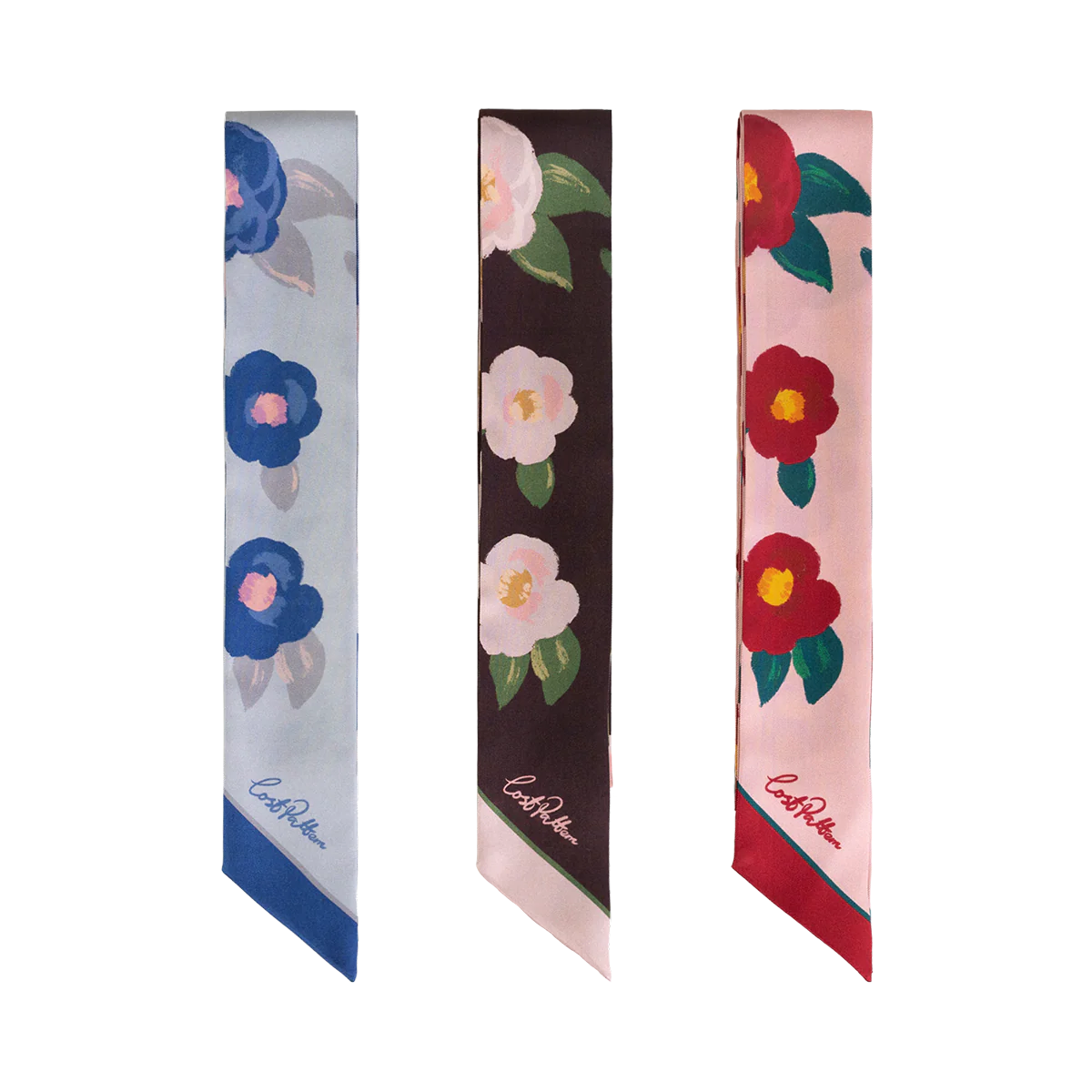 "Camellia" Silk Twill Skinny Scarf - Blue - Image 6