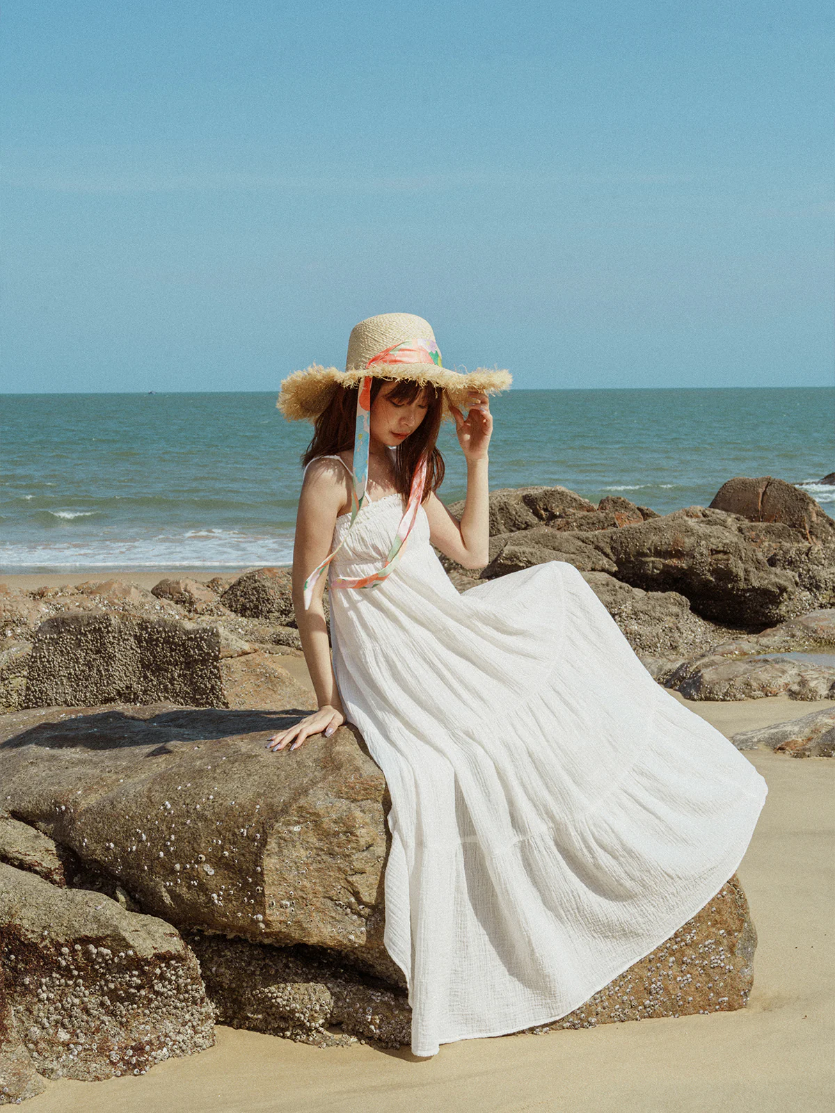 "Cartagena" Straw Hat with Ribbon Tie - Pink & Green - Image 5