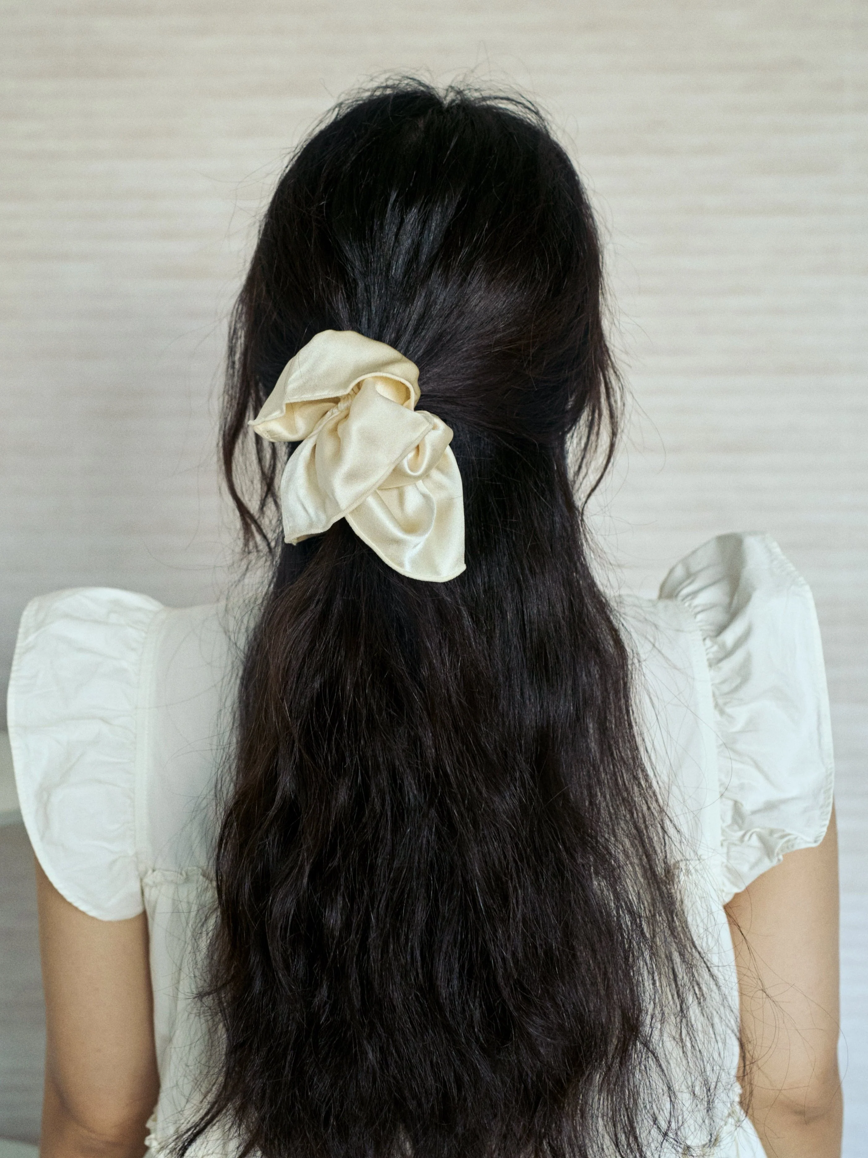"Maxi Flower" Double-Layer Oversized Silk Scrunchie - Cream - Image 3